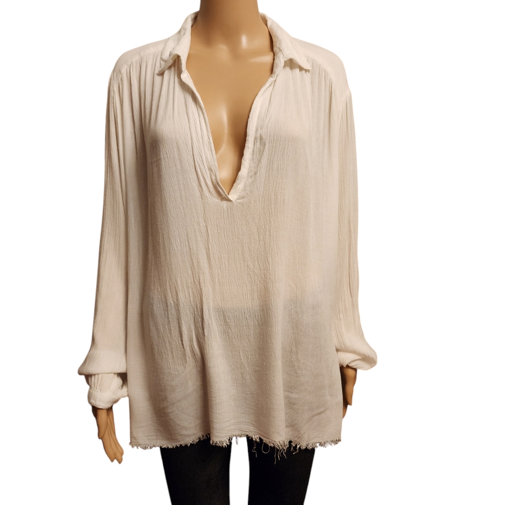 Free People Semi Sheer Raw Hem Deep V-Neck Blouse